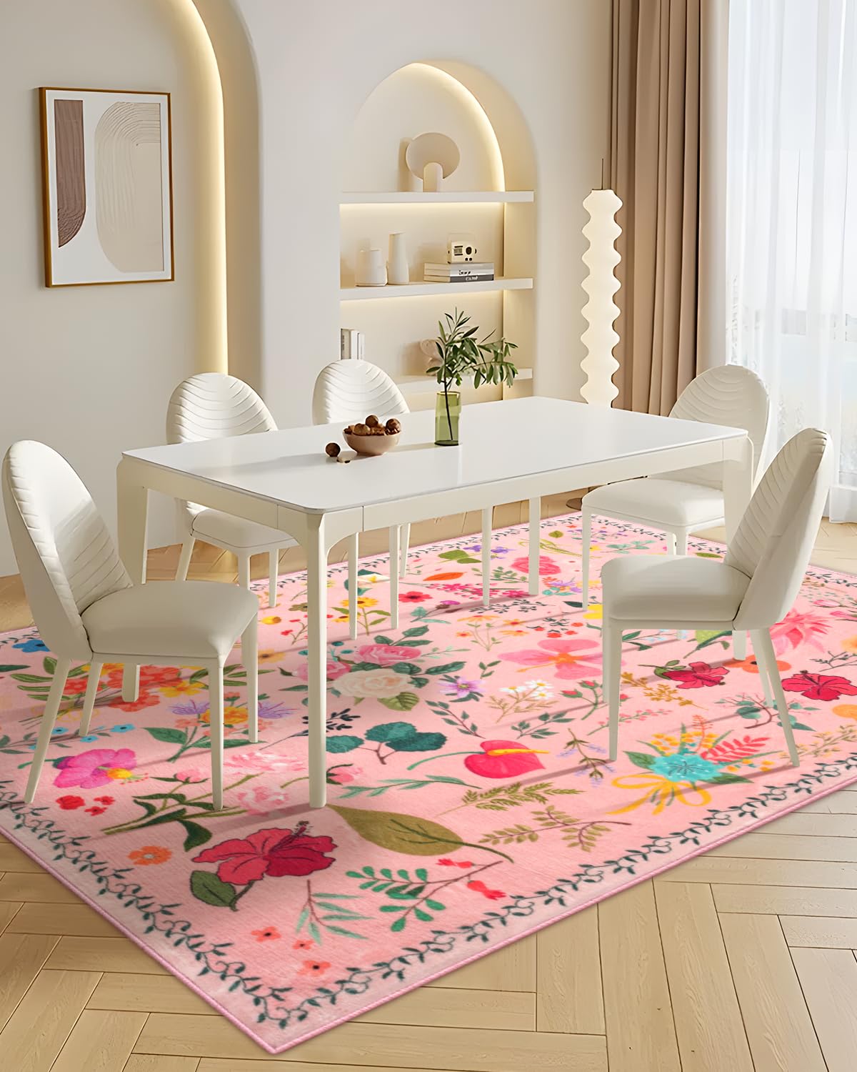 Photo 1 of CRYPTOLITE Boho Washable Area Rug 5x7 – Floral Low Pile Non-Slip Carpet for Living Room, Bedroom, Office, Playroom, Entryway, Kitchen, Dining Room (Pink)