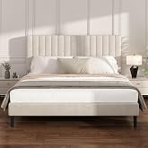Mxhtcewz Full Velvet Bed Frame with Vertical Channel Tufted Headboard Beige | Upholstered Platform Bed, No Box Spring Needed, Noise-Free, Strong Wooden Slat, Durable Metal Frame, Easy Assembly