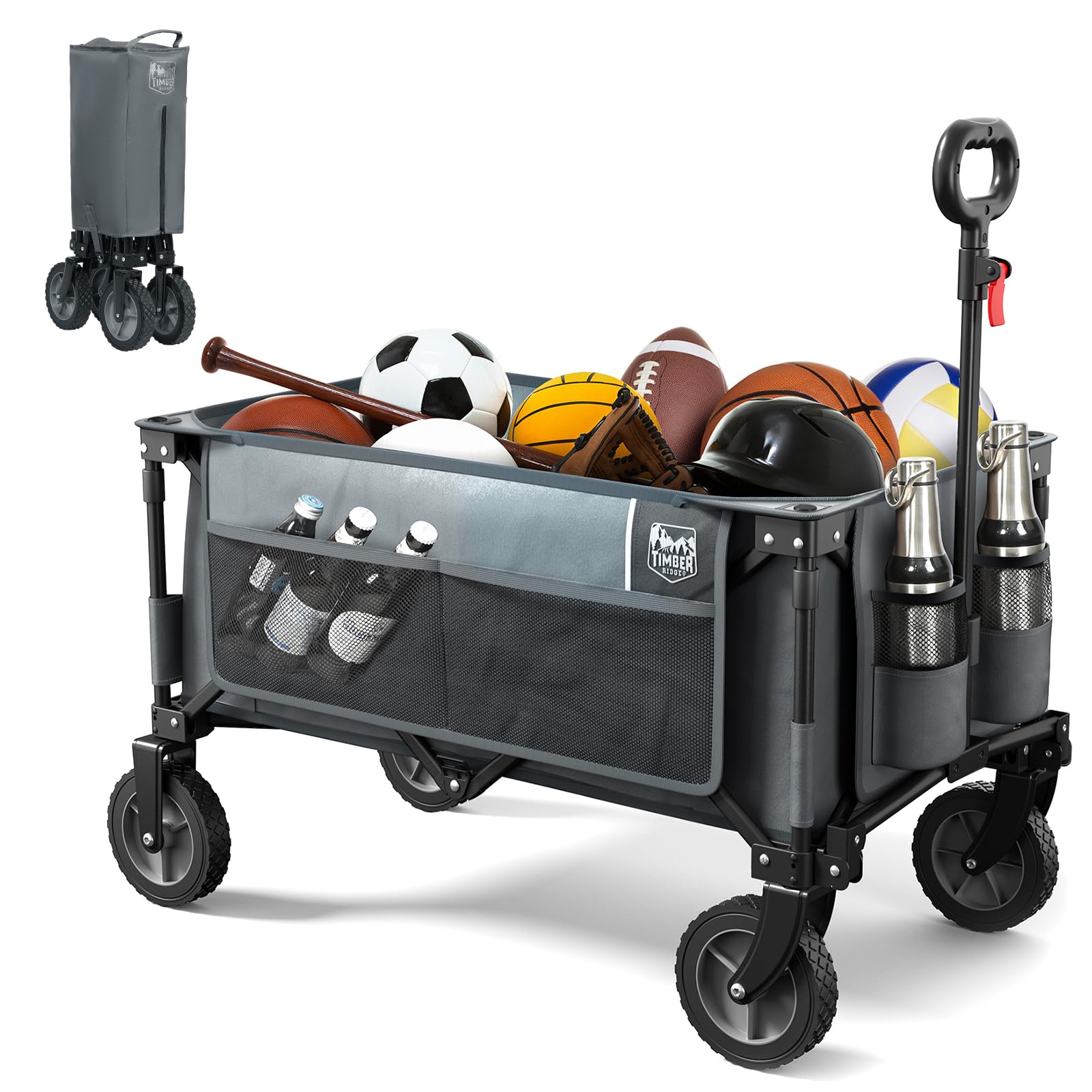 TIMBER RIDGE Collapsible Outdoor Folding Wagon Cart Heavy Duty Camping Patio Shopping Garden Cart with Side Bag Cup Holder, Grey Image
