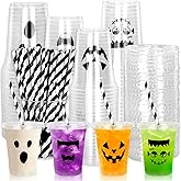 Whaline 60Pcs Halloween Disposable Plastic Cups with Lids and Straws 12oz Vampire Monster Ghost Pumpkin Cold Beverage Drinking Cups for Birthday Party Favors