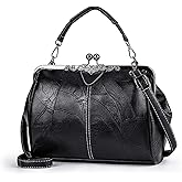 Women Vintage Hollow Handbag Oil Leather Shoulder Crossbody Bag Clutch Satchel Purse with Kiss Lock Closure