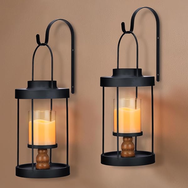 METAL WALL SCONCE CANDLE LANTERN SET OF 2 – BLACK WALL MOUNTED WOOD AND METAL HANGING HOLDER WITH GLASS & CANDLES VINTAGE WALL DECOR FOR PORCH, LIVING ROOM, DINING ROOM, BEDROOM INDOOR DECOR