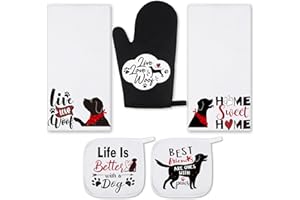 RTTERI 5 Pieces Farmhouse Dish Towels Pot Holders Oven Mitts Set 2 Kitchen Towels 1 Cooking Mittens Oven Glove 2 Potholders for Cooking Baking Grilling Supply (Dog)
