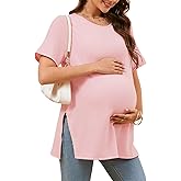 Tankaneo Womens Maternity T Shirts Summer Ribbed Short Sleeve Tunic Tops Textured Side Split Tee Pregnancy Clothes