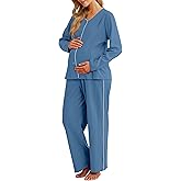 OUGES 100% Cotton Women's Maternity Nursing Pajamas Sets Button Down Breastfeeding Loungewear Top & Pants with Pockets