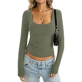 EasyGala Womens Cotton Ribbed Knit Tops Scoop Neck Long Sleeve Shirts Slim Fit Stretchy Going Out Fall Trendy Clothes