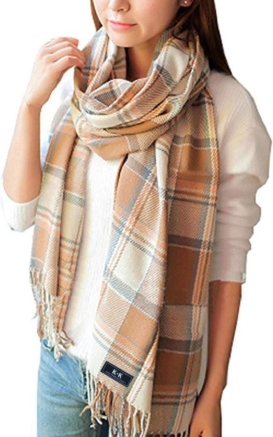 LADESWomen Tartan Scarf - Winter Long Scarves Plaid Warm Wraps Wool British Style For Ladies Spinning Tassel Shawl Long Stole