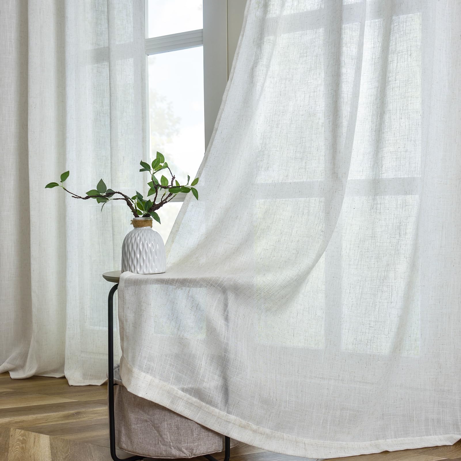 Kotile Linen Curtains 90 Inch Drop 2 Panels Natural Linen Eyelet Curtains for Living Room Bedroom, Rustic Flax Farmhouse Privacy Window Treatment Semi Sheer Neutral Linen Look Drapes, 66x90 Inch