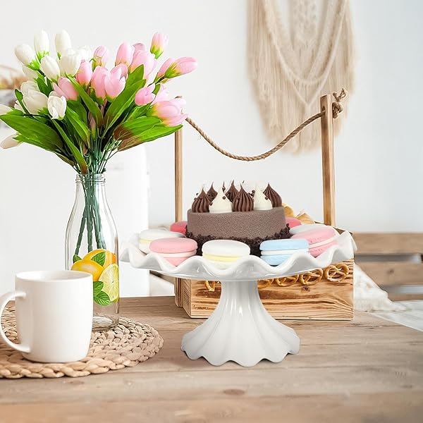 PRETYZOOM CERAMIC CAKE STAND 9.45 INCH WAVY EDGE PEDESTAL CUPCAKE STAND FOR PARTIES WEDDINGS BIRTHDAYS ELEGANT CERAMIC SERVING TRAY DESSERT DISPLAY