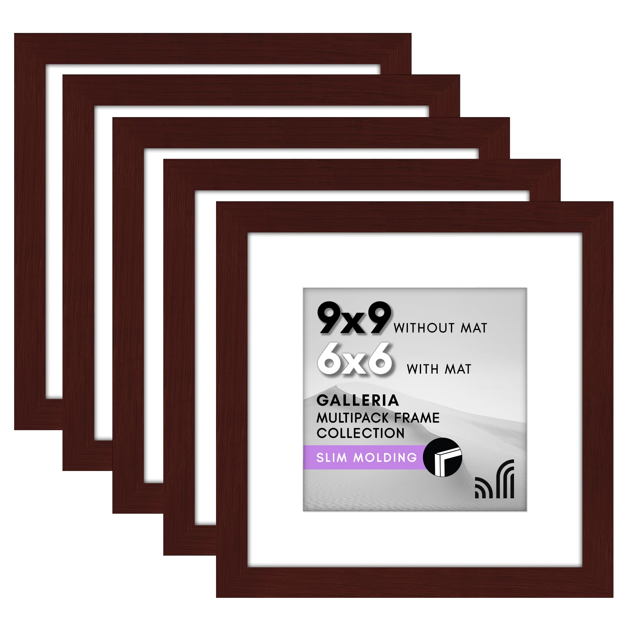 Americanflat 9x9 Picture Frame with Polished Plexiglass - Set of 5 - Use as 6x6 Frame with Mat or Display 9x9 Photo Without Mat - Galleria Collection - Square Frames for Tabletop and Wall - Mahogany Image Americanflat 9x9 Picture Frame with Polished Plexiglass - Set of 5 - Use as 6x6 Frame with Mat or Display 9x9 Photo Without Mat - Galleria Collection - Square Frames for Tabletop and Wall - Mahogany Image