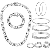 KOSMOS-LI 9 PCS Cuban Link Chain Necklace Bracelet Rhinestone Earrings Stocking Stuffers Elastic Rings Bling Necklace Bracelet Hoop Earrings for Women Jewelry sets
