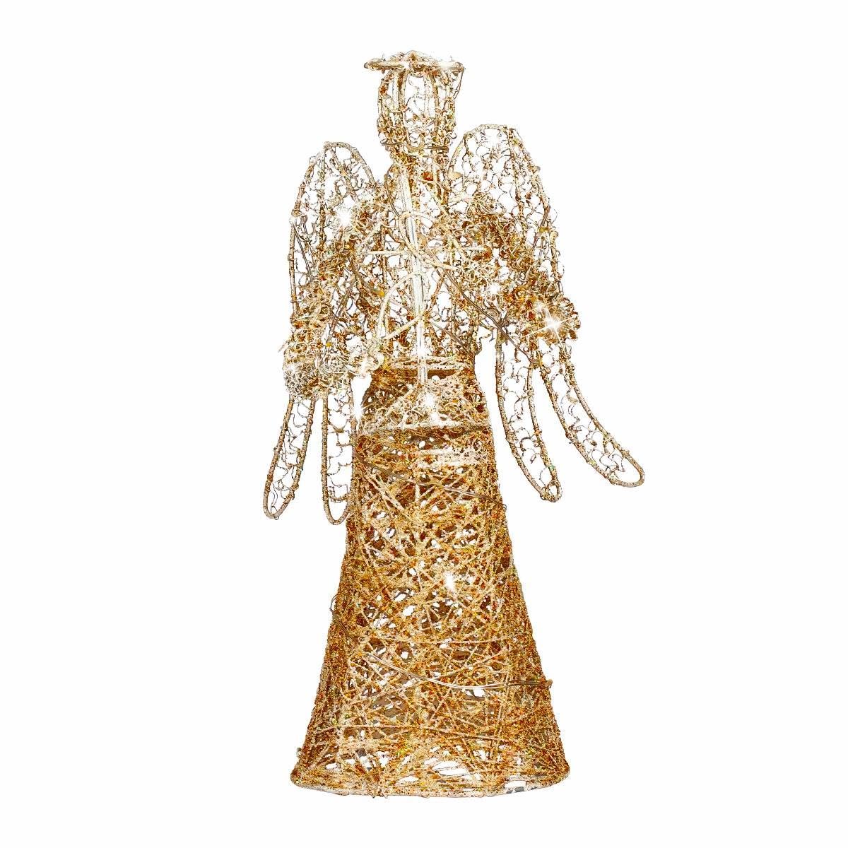 Amosfun Christmas Angel Tree Topper 3D Light-up Treetop Gold Glitter Coated Iron Xmas Tree Angel Topper Ornaments for Holiday Home Decor (30cm)