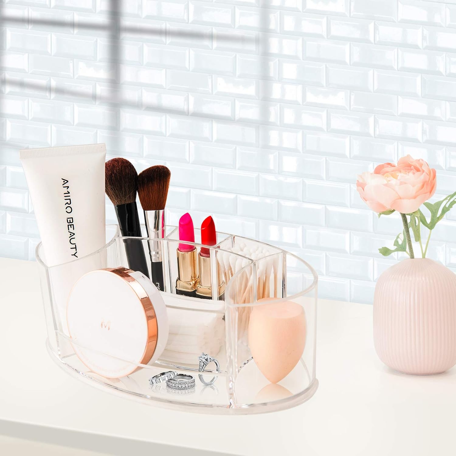Clear Makeup Organizer, Acrylic Small Makeup Organizer For Vanity Cabinet Bathroom, Durable Countertop Makeup Organizer Tray Cosmetic Display Case, 7 Compartments Make Up Brush Holder Storage Box: Beauty
