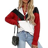 Saodimallsu Womens Color Block Sweaters Mock Neck Button Long Sleeve Knit Henley Shirts Loose Casual Pullover Tops