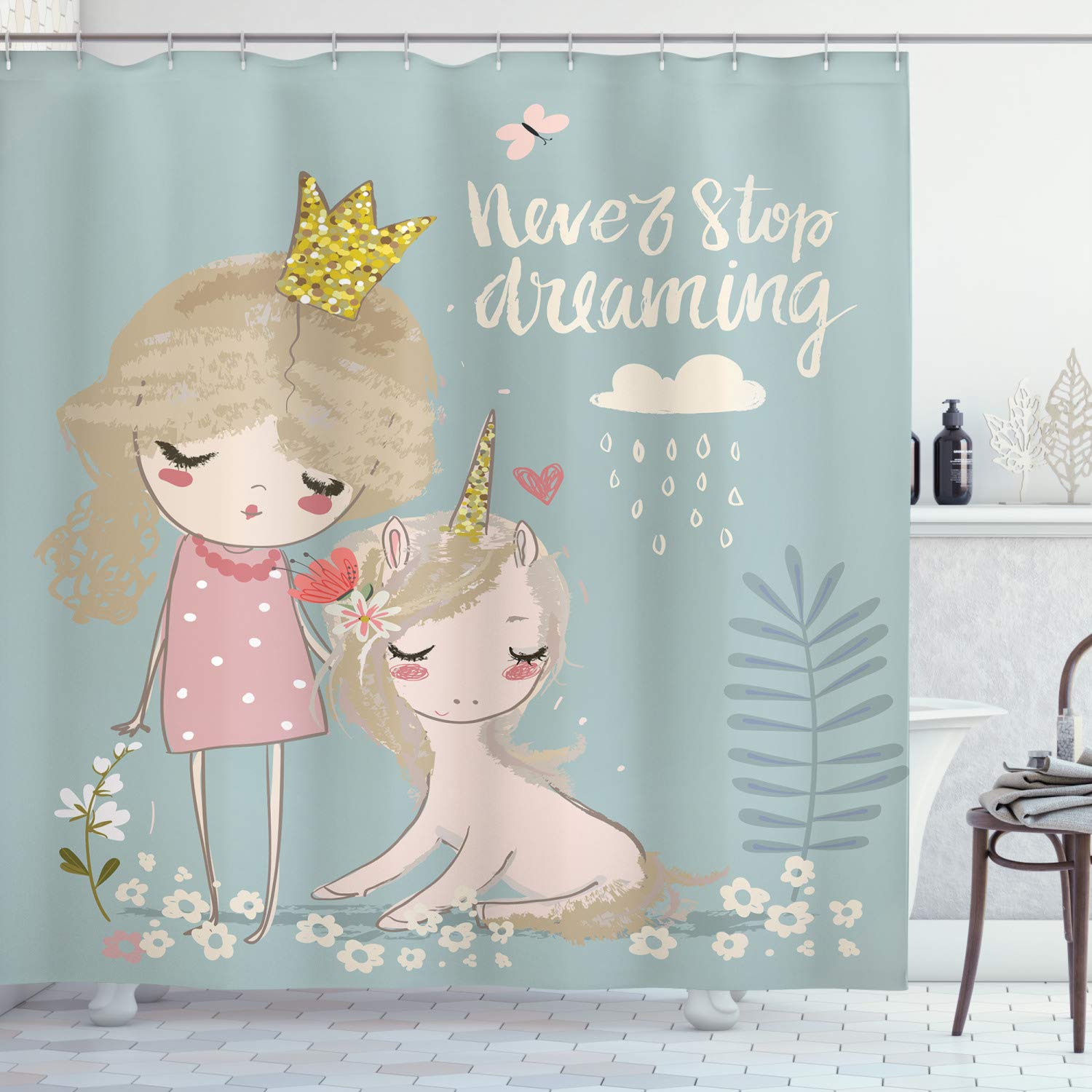 ABAKUHAUS Saying Shower Curtain, Composition of Cartoon Little One and Unicorn Never Stop Dreaming Words Print Dreamy, Cloth Fabric Bathroom Decor Set with Hooks, 78" Inches, Blue Grey Pink