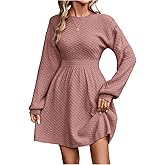 winkbay Women's Elegant Lantern Long Sleeve Dress Fall Crew Neck A Line Knit Work Short Dresses