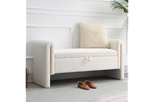 NIOIIKIT 52" Storage Ottoman Bench, Teddy Upholstered Storage Bench with Armrest, Entryway Bench with Pull-Ring, End of Bed Bench with Padded Cushion, Window Bench for Living Room (Beige)