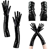 2 Pairs Women's Faux Leather Sexy Long Gloves Women Sexy Wet Look Black Long Glove Black Shiny Metallic Fingerless Gloves for Halloween Costume Dance Opera Stage Performance