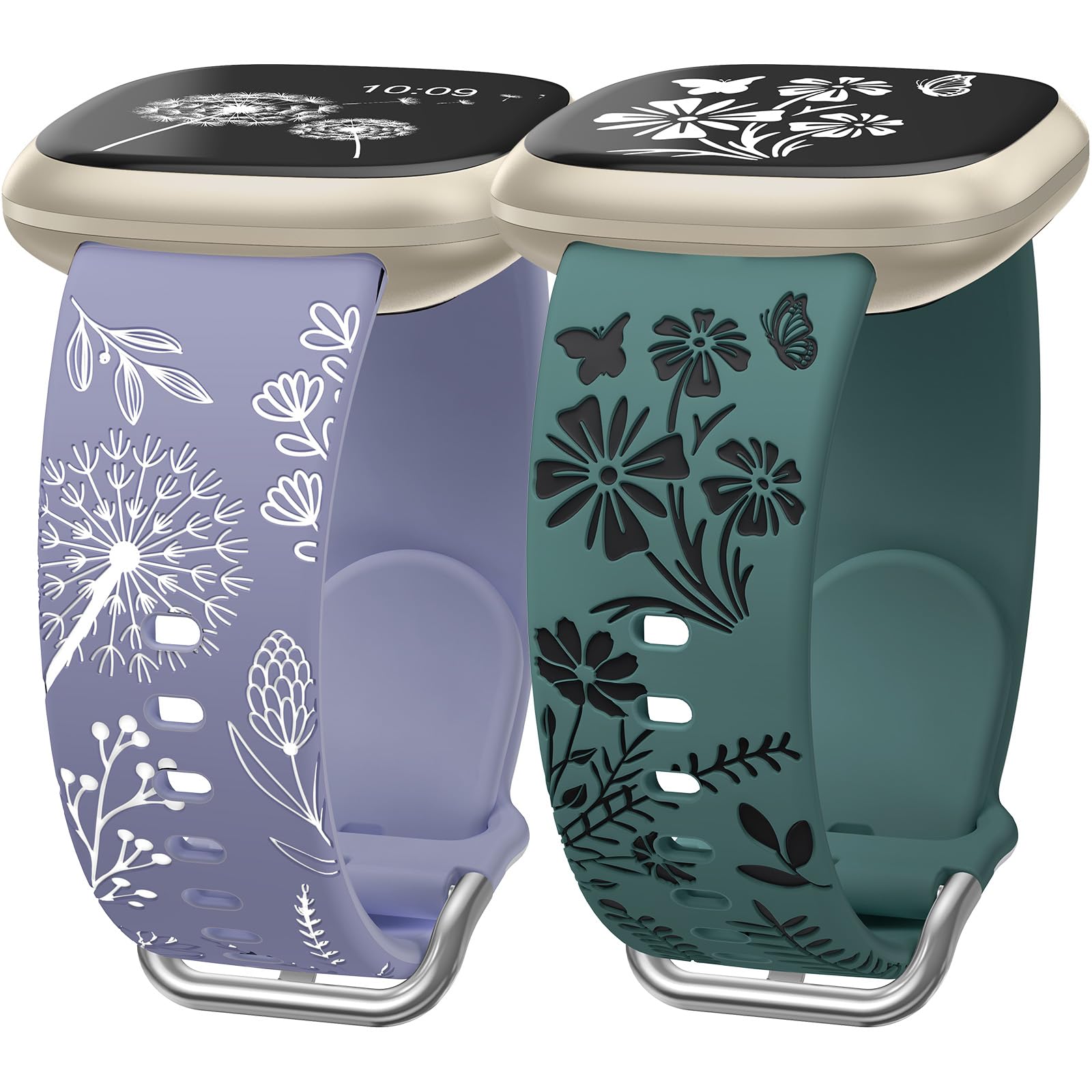 Wearlizer 2 Pack Floral Engraved Strap Compatible with Fitbit Versa 3 Straps/Versa 4 Straps/Sense 2/Sense Bands Women, Cute Two-Tone Flower Soft Silicone Sport Bracelet Ice Blue Green/Black