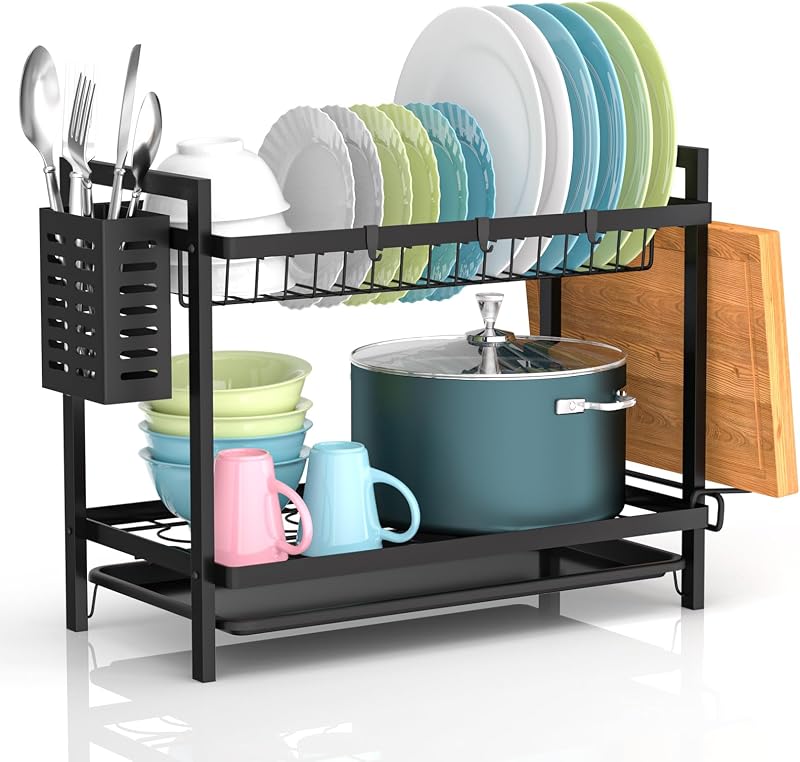 2 Ebenen Abtropfgestell Geschirr Geschirrkorb Geschirrabtropfgestell Edelstahl Geschirr Abtropfständer Geschirrabtropfgestell mit Utensilienhalter Abtropfschale Haken für Küchentheke Spüle Organizer — Foto 1 von 7