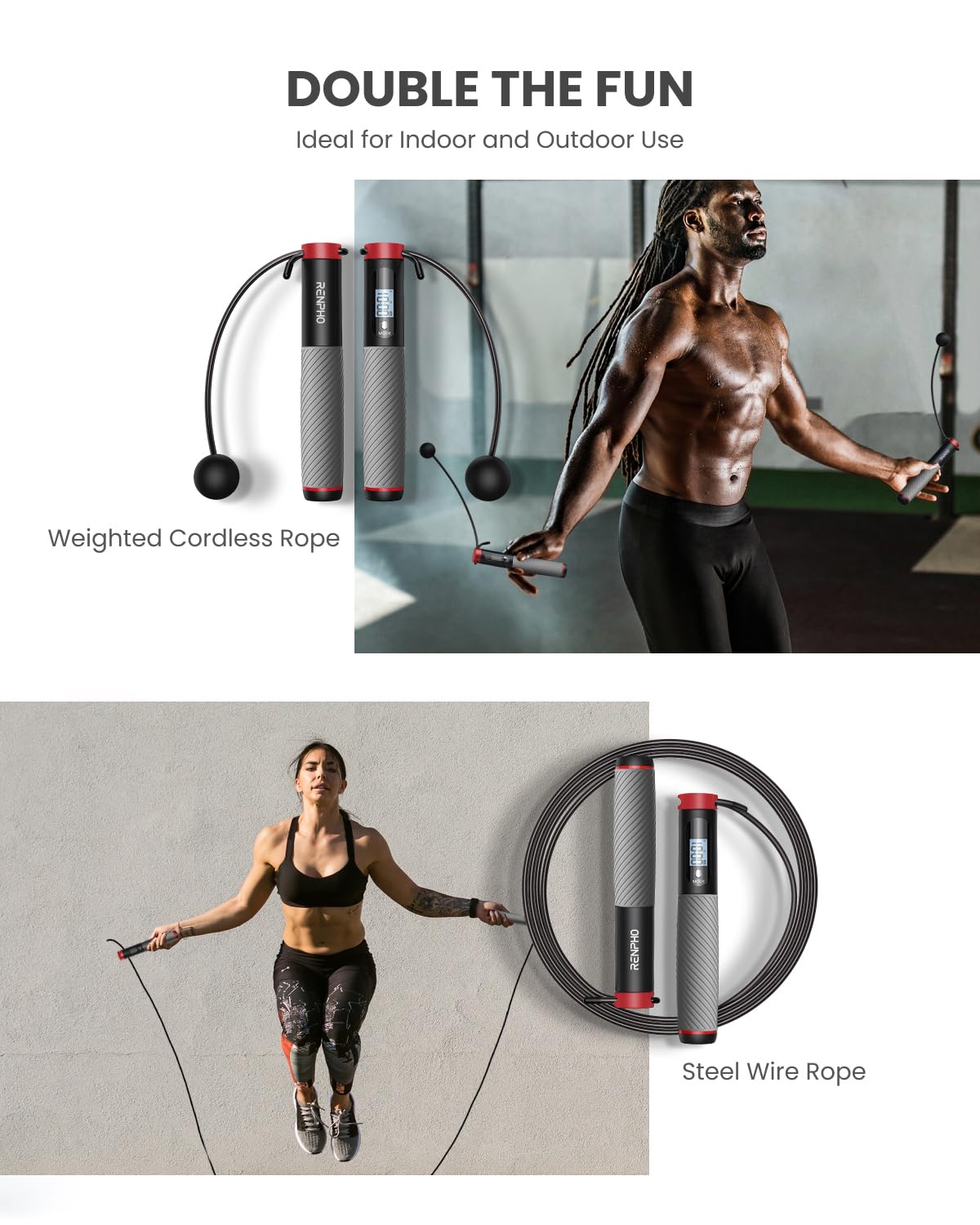 RENPHO Springseil mit Zähler, intelligentes gewichtetes Springseil für Training Fitnessübungen, verstellbares Sprungseil für Anfänger und Profis, Jump Rope mit APP-Datenanalyse, Kalorienverbrennung 2