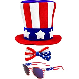 Hikkcos 3 Pcs Patriotic USA Hat Costume Set for Adults, 4th of July American Flag Top Hat with Bow Tie and Sunglasses for Ind