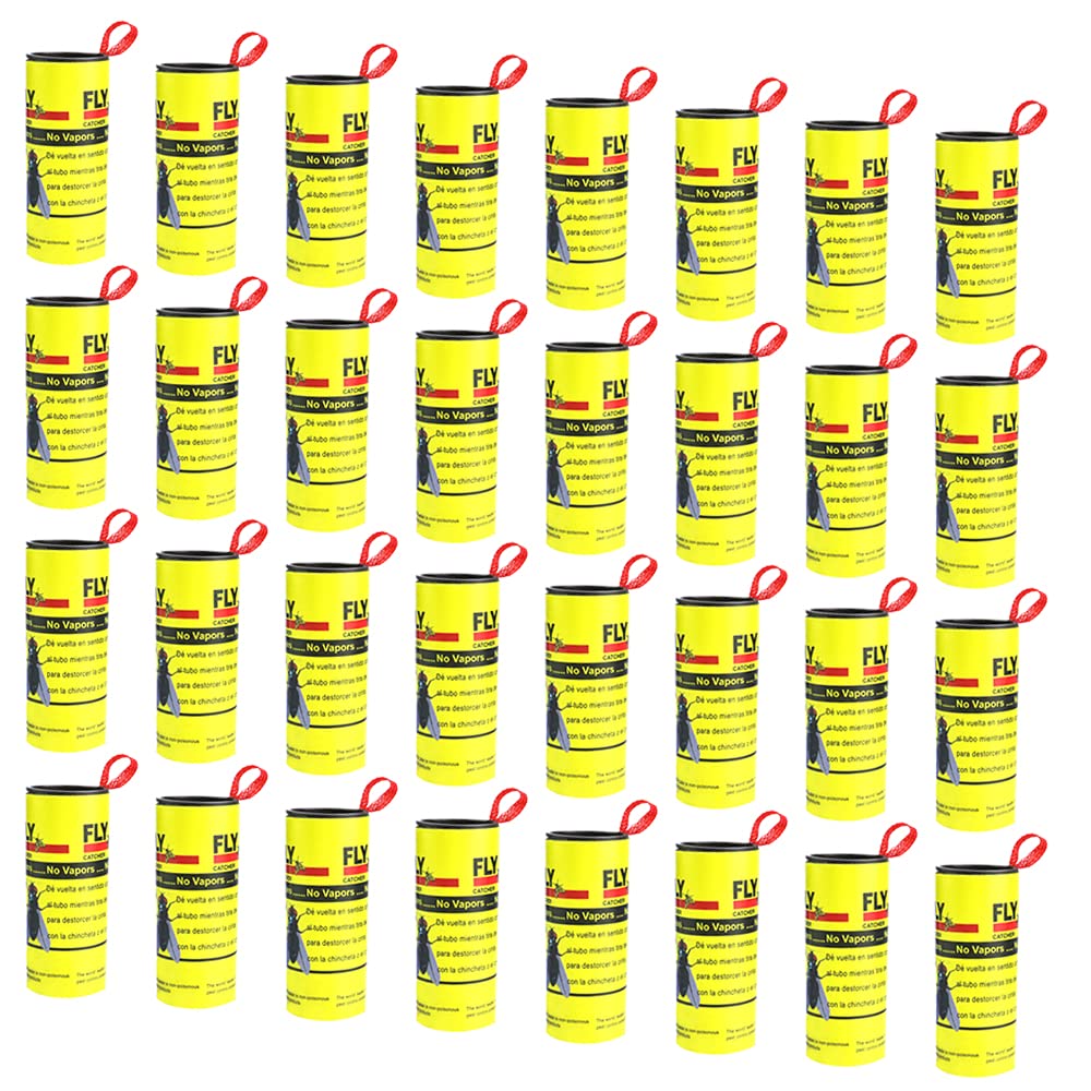 CODIRATO 32 PCS Strong Sticky Fly Paper Dual Fruit Fly Trap Insect Sticky Trap Eco-Friendly Fly Killer Strips Hanging Fly Catcher Strips with Thumbtack and Cord for Catching Flies, Mosquitoes, Aphids