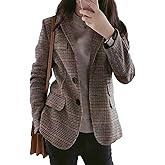 SOMTHRON Women's Plaid Notch Lapel 2 Button Blazer Suit Slim Fit Houndstooth Business Work Jacket Coat
