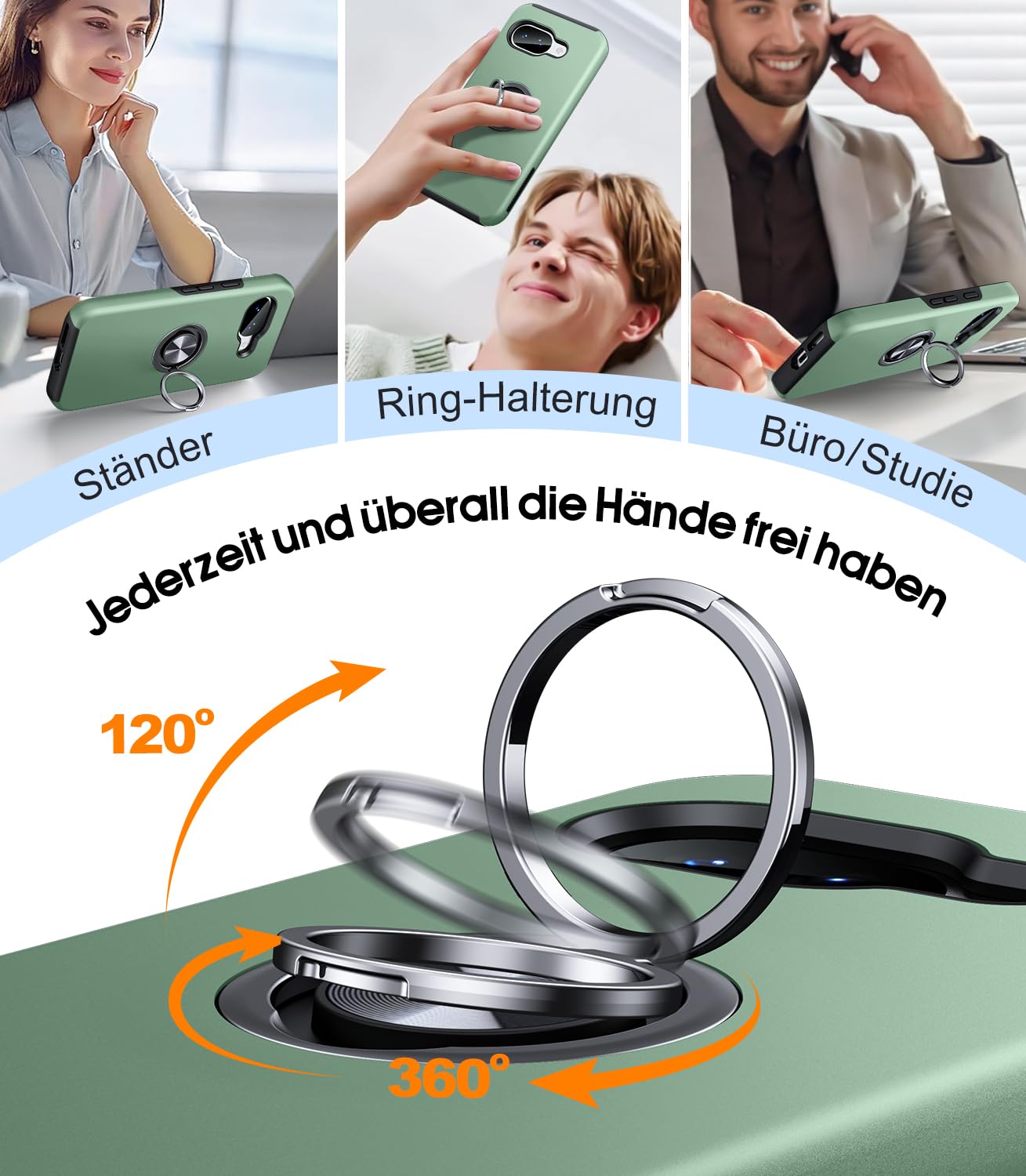 AOUIA Handyhülle für Google Pixel 10a Hülle mit 2 Stück Schutzfolie, Militärischer Schutz Stoßfest Pixel 10a Hülle mit 360° Drehbarem Ring Kickstand, Alpengrün 3