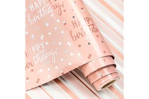 LeZakaa Reversible Pink Birthday Wrapping Paper Roll for Girls Women, Happy Birthday Lettering & Stripe Pattern with Metallic Foil in Pink, Mini Roll, 17 inches x 9.8 Feet