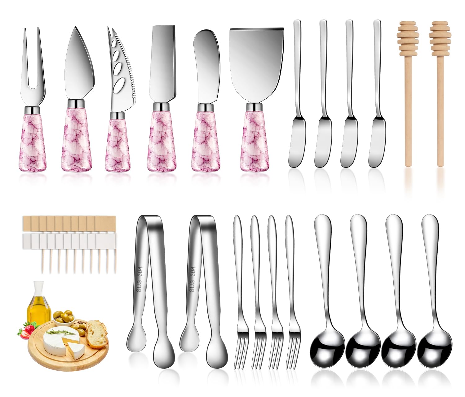 Marble Pink Cheese Knife Set, Ceramic Handle Charcuterie Board Accessories - Butter Spreader, Cheese Slicer, Serving Tongs, Spoons, Forks, Flags, Wooden Honey Dipper Image Marble Pink Cheese Knife Set, Ceramic Handle Charcuterie Board Accessories - Butter Spreader, Cheese Slicer, Serving Tongs, Spoons, Forks, Flags, Wooden Honey Dipper Image