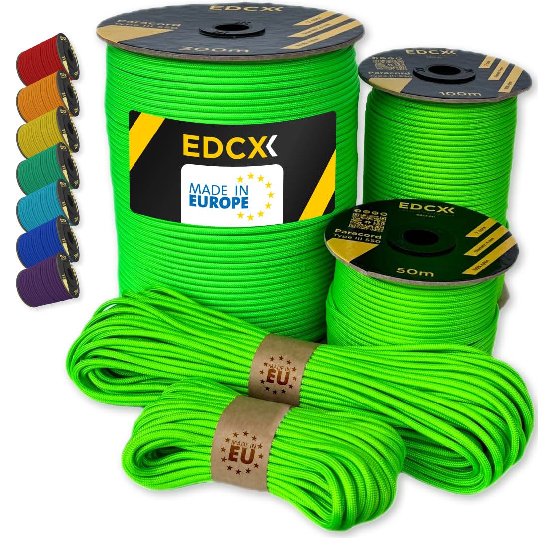 EdcX Paracord 4mm, 35+ Solid Colors (10m, 15m, 30m, 50m, 100m, 300m) | Ideal for Crafting, DIY, Camping, Survival, Outdoor | 100% Nylon Rope 4mm | Tactical Cord 550 Type III (Neon Green, 15 m)