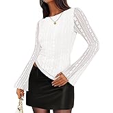 ZESICA Womens 2026 Spring Summer Lace Mesh Sleeve Tops Going Out Double Lined Slim Fit Asymmetrical Shirts Date Night Outfit