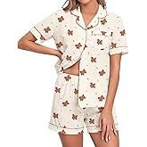 SWOMOG Women 2 Piece Pajamas Sets Short Sleeve Pj Sets Cute Printed Sleepwear Button Down Shirt with Lounge Shorts Set