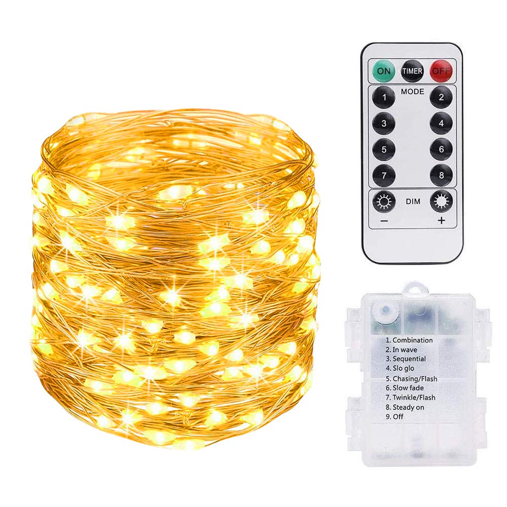 Vicloon LED Fairy Lights, 10 M 100 LED Warm White String Light with Remote and Timer, Cooper String Lights for Gardens, Homes, Wedding, Festival, Christmas Party, Battery-Powered(Battery Not included)