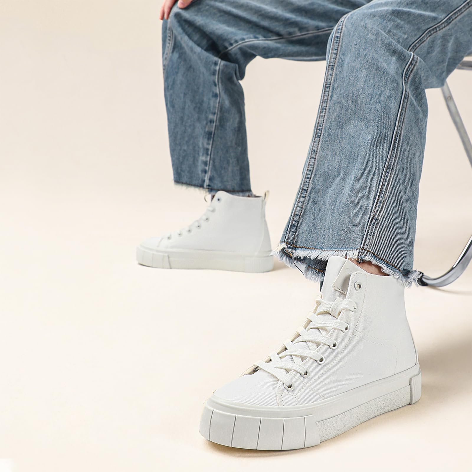 JATJA Womens White High Top Sneakers | Casual Medium-Width Twill Fabric Platform Sneakers for Women Size 7.5