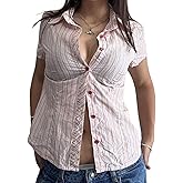 Womens Y2k Striped Button Down Shirt Collared Short Sleeve Slim Fit Blouse Tight Work Office Tops Streetwear Undershirt