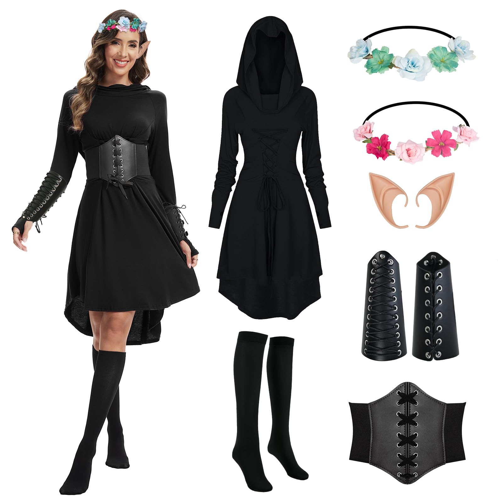 OPAEHJF Renaissance Costume Women Medieval Hooded Dress Gothic Dress Cosplay Vintage Victorian for Halloween Carnival (Black, S)