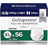 NorthShore GoSupreme Overnight Pull-On Underwear, 8-Hour Leak Protection, X-Large, 56-Count Case, White, (44-56 in Waist), Unisex Adult Diapers