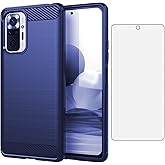 Asuwish Phone Case for Xiaomi Redmi Note 10 Pro 4G with Tempered Glass Screen Protector Cover and Cell Accessories Soft Silicone Protective Redme Note10 10Pro Max Ten Women Men Carbon Fiber Navy Blue