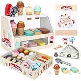 Wooden Ice Cream Counter Toys Set, Pretend Play Food Set for Kids | ice cream counter shop for kids, pretend play food with scoop &amp; menu &amp; fake money, gift for boys and girls ages 3+