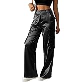 Women's Satin Cargo Wide Leg Pants Silky Party Dressy Casual Pocketed Pant Long Trouser