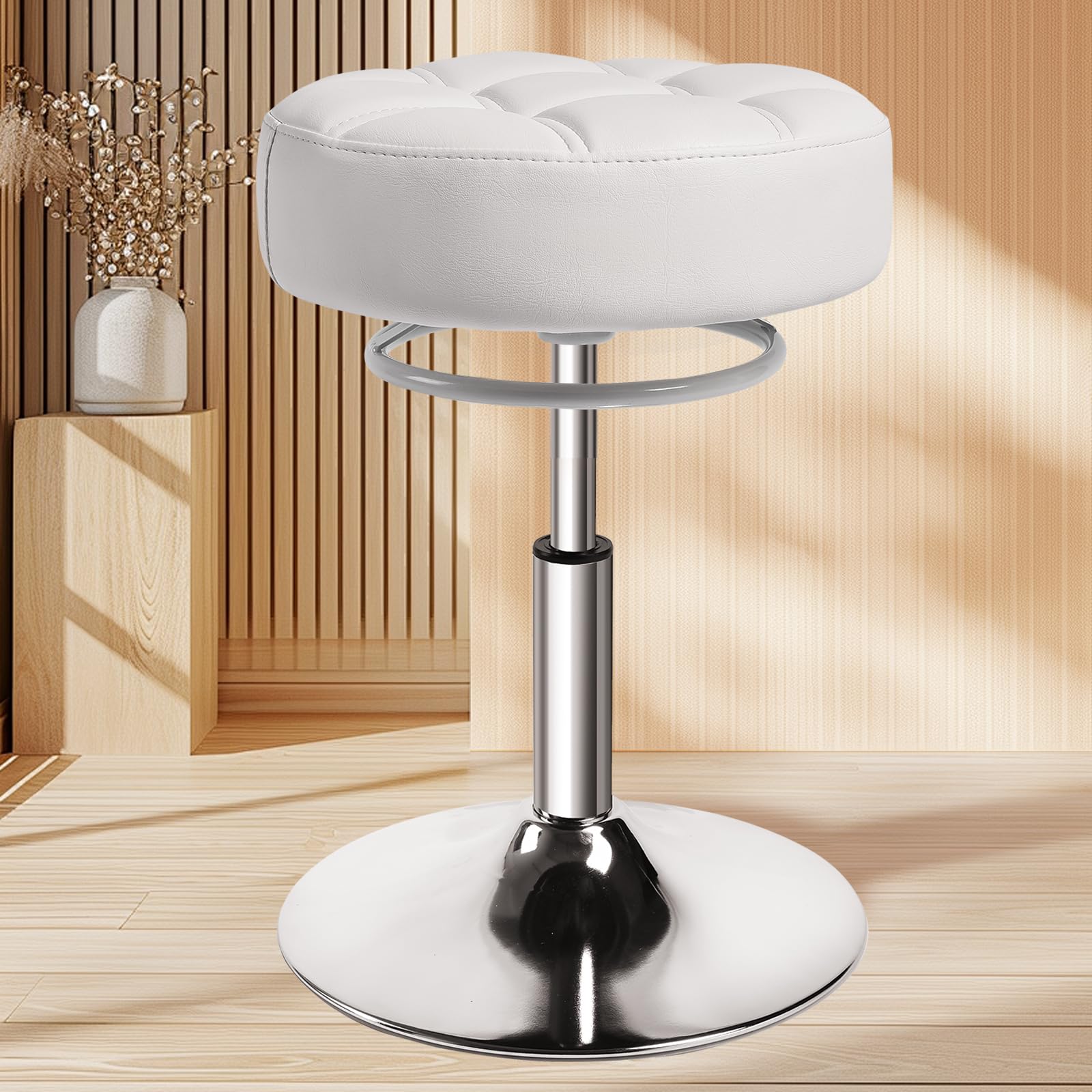 Photo 1 of Adjustable Ottoman Vanity Stools - 360° Swivel Height Adjustable?Comfortable Faux Leather?Rubber Protective Floor Makeup Stool for Bathroom Vanity?Bedroom?Living Room?Entryway?Offices (Premium White)