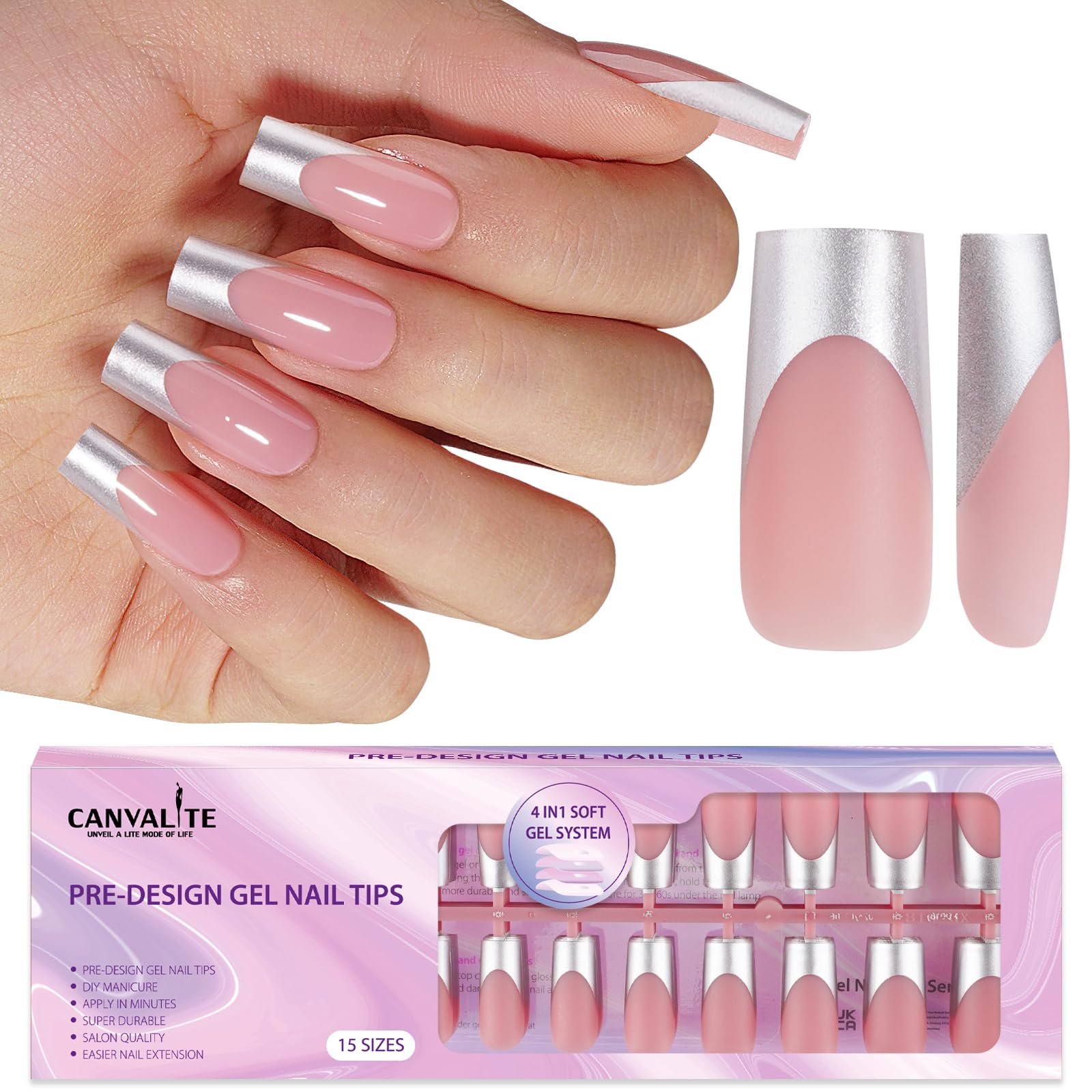Canvalite Chrome French Tip Press on Nails - Pre-Colored Quick and Easy Press on Nails Long Square Fake Nails with Designs DIY Gel Nail Tips 150Pcs, Silver