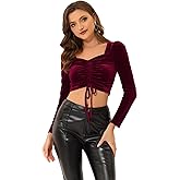 Allegra K Velvet Crop Top for Women's Halloween Ruched Drawstring Front Party Long Sleeve Top