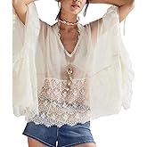Miqil Women Tie Front Long Sleeve Top Loose Fit Solid Color Ruffle Flowy Chiffon Shirt Y2K Boho Summer Trendy Beach Blouse