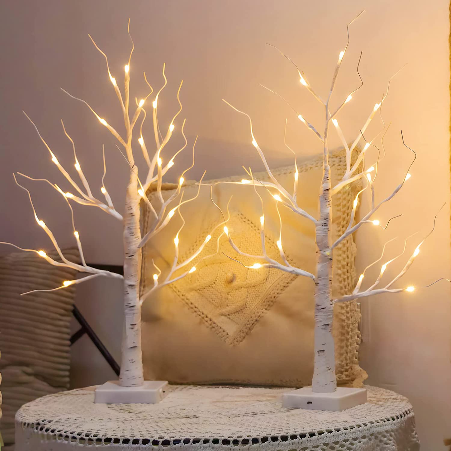 2 Pack 2FT Lighted Birch Tree with 24 LEDs, Warm White Tabletop Christmas Light for Indoor Decorations, Bedroom, Home, Wedding, Holiday and Thanksgiving Gifts