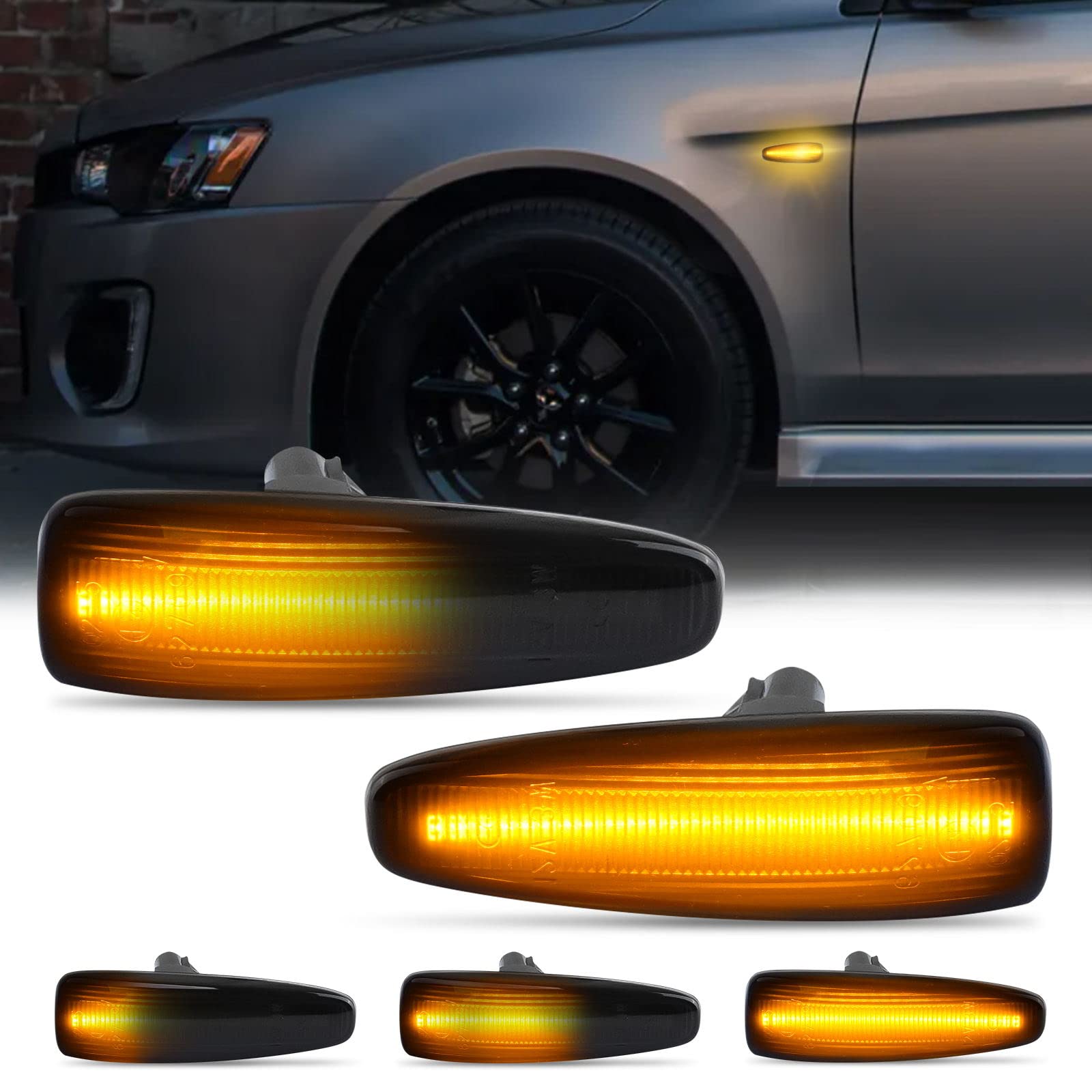 Photo 1 of D-Lumina LED Side Marker Light Assembly Smoked Lens Sequential Blink Amber for Mitsubishi Lancer Evolution X Mirage Outlander Pack of 2