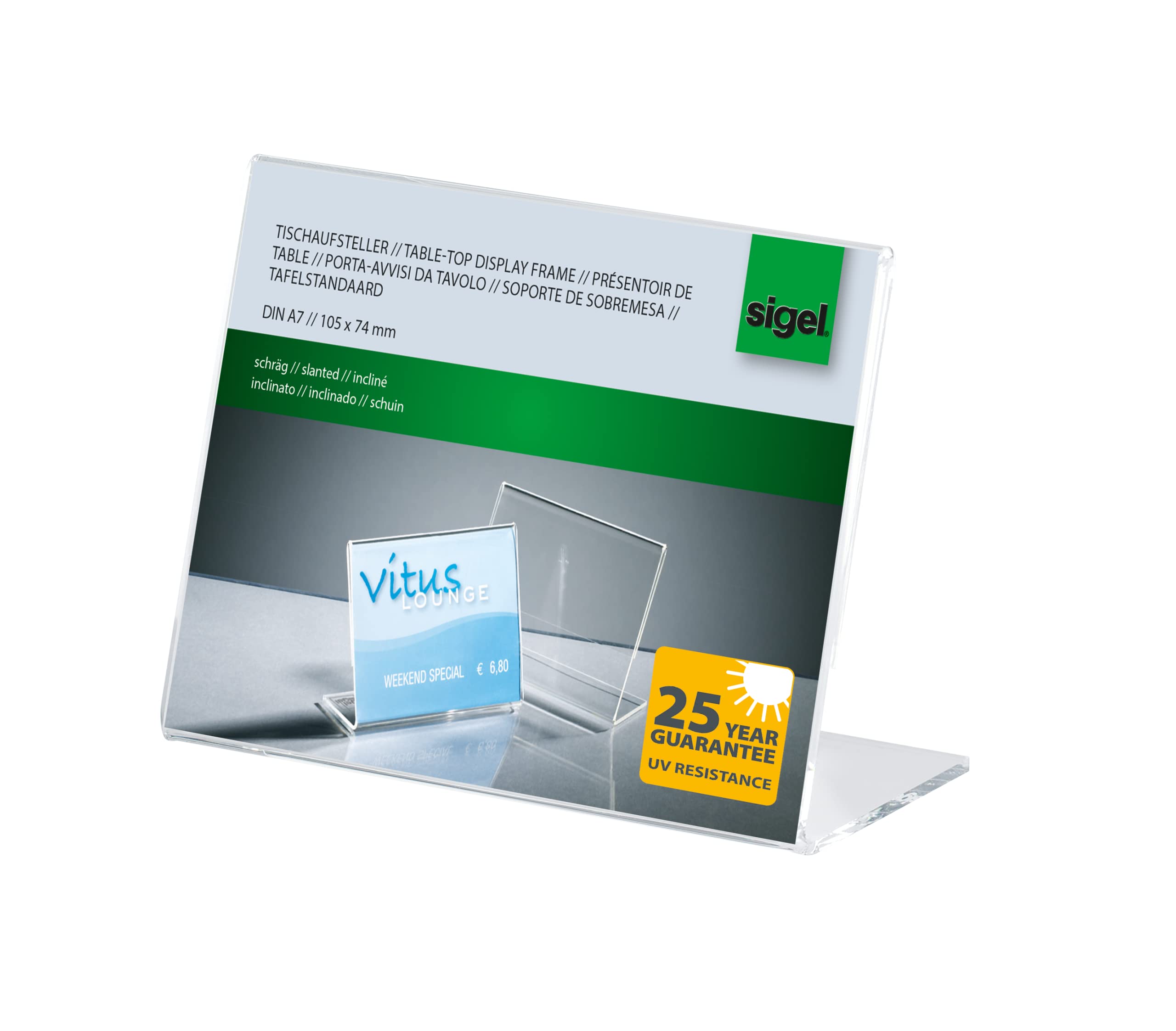 SIGEL TA217 Holder, slanted, for A7 landscape, single-sided presentation, uv resistant acrylic, transparent, 1 Piece