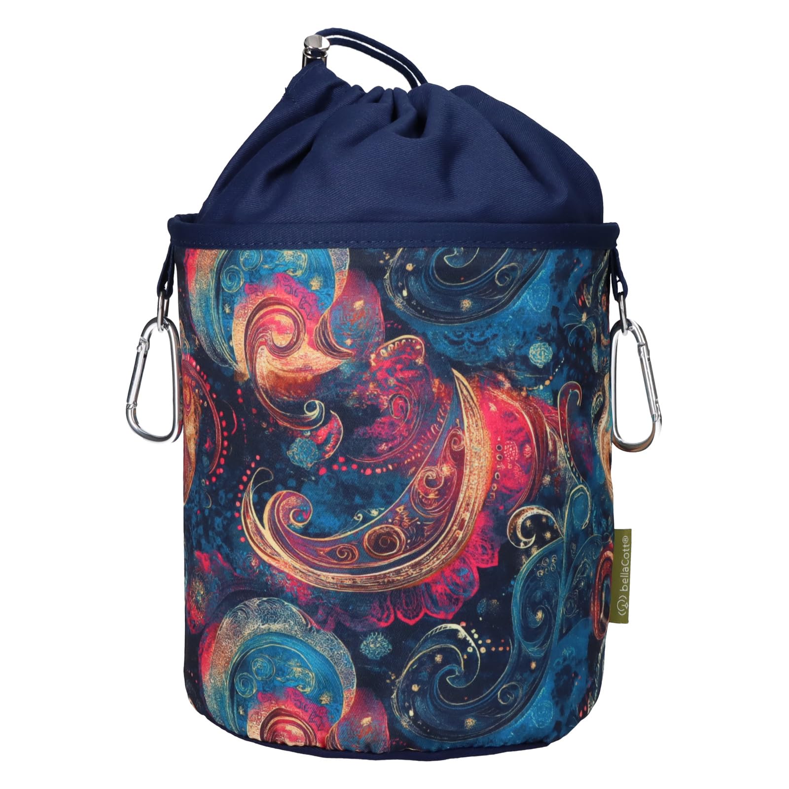 Portable 100% cotton peg bag with two sturdy snap hooks, drawstring closure and metal stopper for hanging and storing 150 clothespins. Design: fantasy